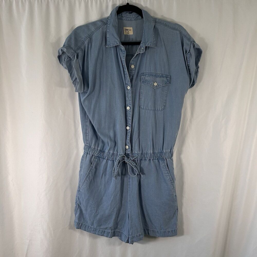 Gap Jumpsuit Women's XS Blue Button Up Tie Pockets Short Sleeve 3" Inseam